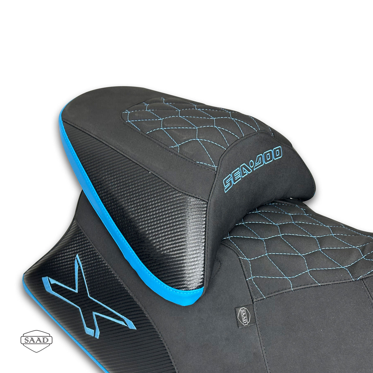 Sea-Doo RXP-X 300/325/350 (2021-2027) Seat Cover by SAAD Covers - Black-Blue close-up
