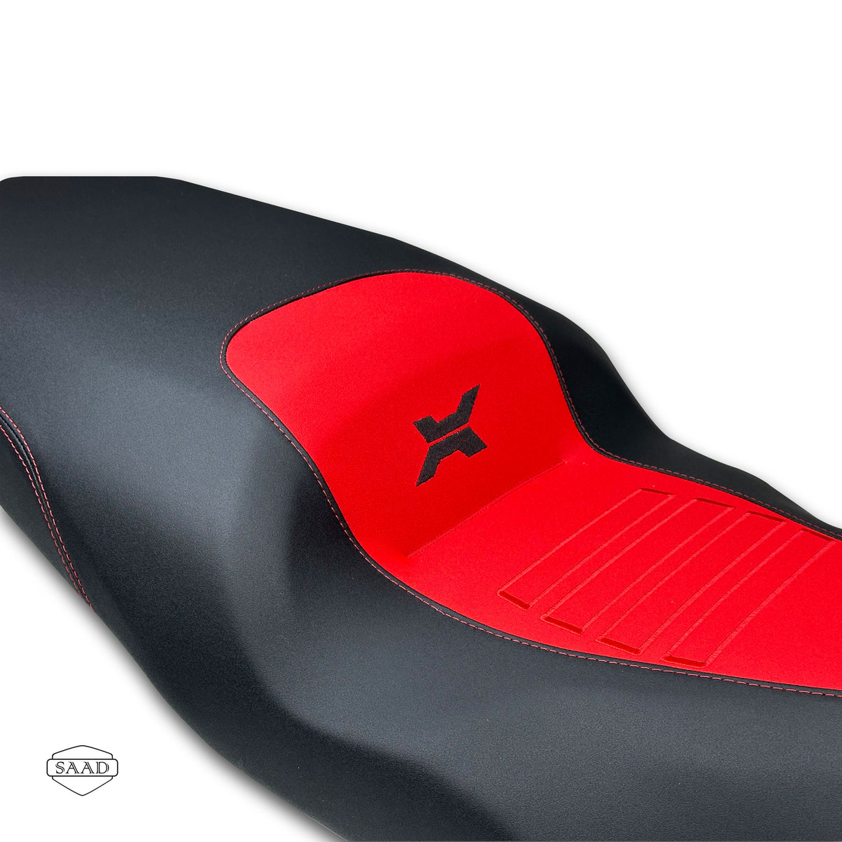 BMW C400 X (2018-2024) Seat Cover by SAAD Covers - Black-Red close-up