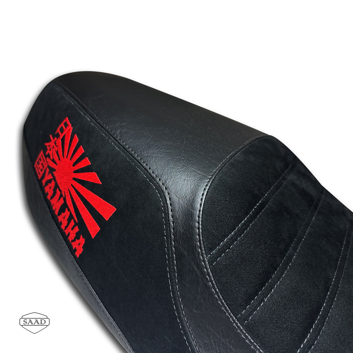 Yamaha XSR 900 (2025+) Suede Lines Double Stitch Seat Cover by SAAD Covers - Black-Red double stitch close-up