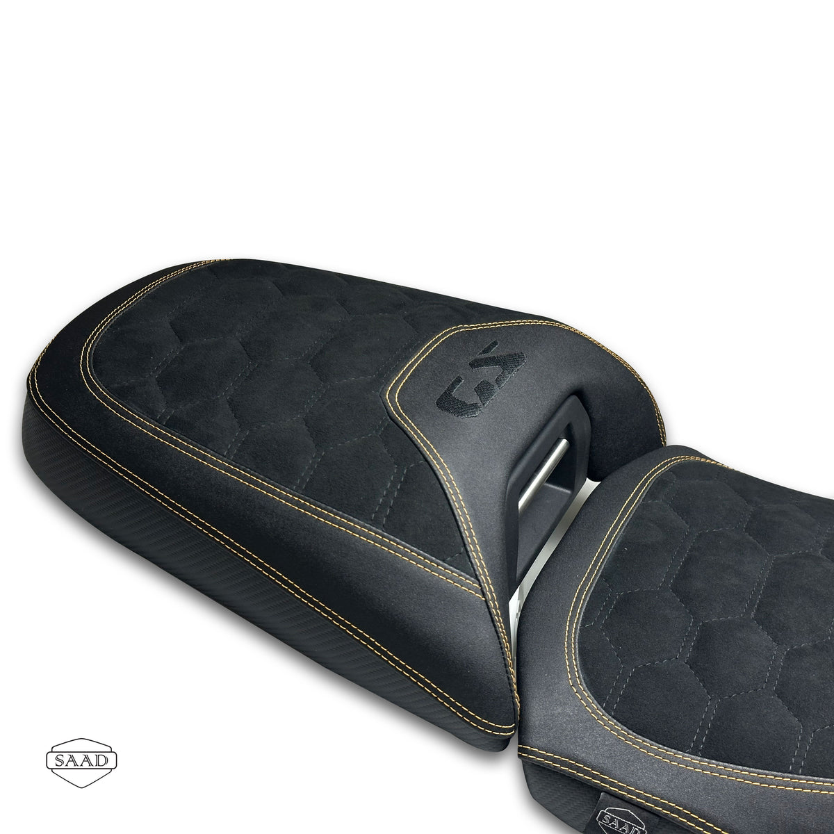 BMW R1300 GS Adventure (2025+) Suede Cells Stitch Seat Cover by SAAD Covers - Black-Gold cell stitch close-up