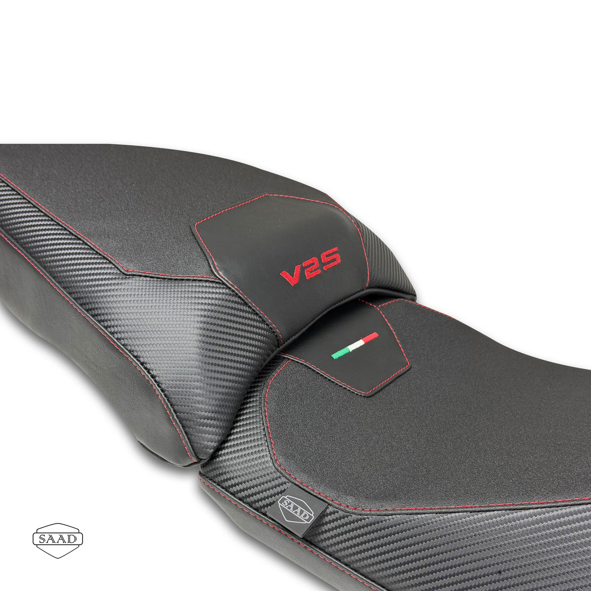 Carbon texture and embroidered logo close-up - Ducati Multistrada 950 V2S seat cover by SAAD Covers