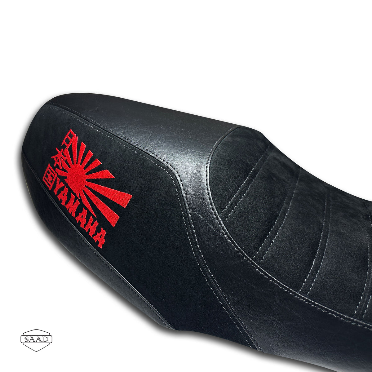 Yamaha XSR 900 (2025+) Suede Lines Double Stitch Seat Cover by SAAD Covers - Black-Red Japanese-inspired embroidery